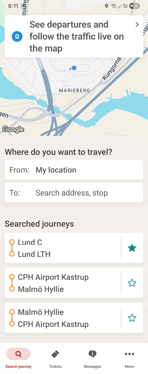 A public-transit app home screen, the kind of interface an Active Persona evaluates